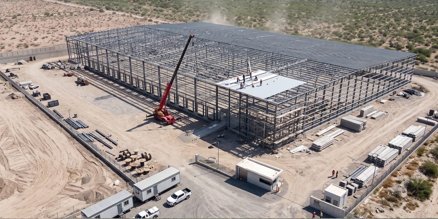 Vista aérea de la estructura metálica de una nave industrial en construcción, con grúa y cuadrilla en obra