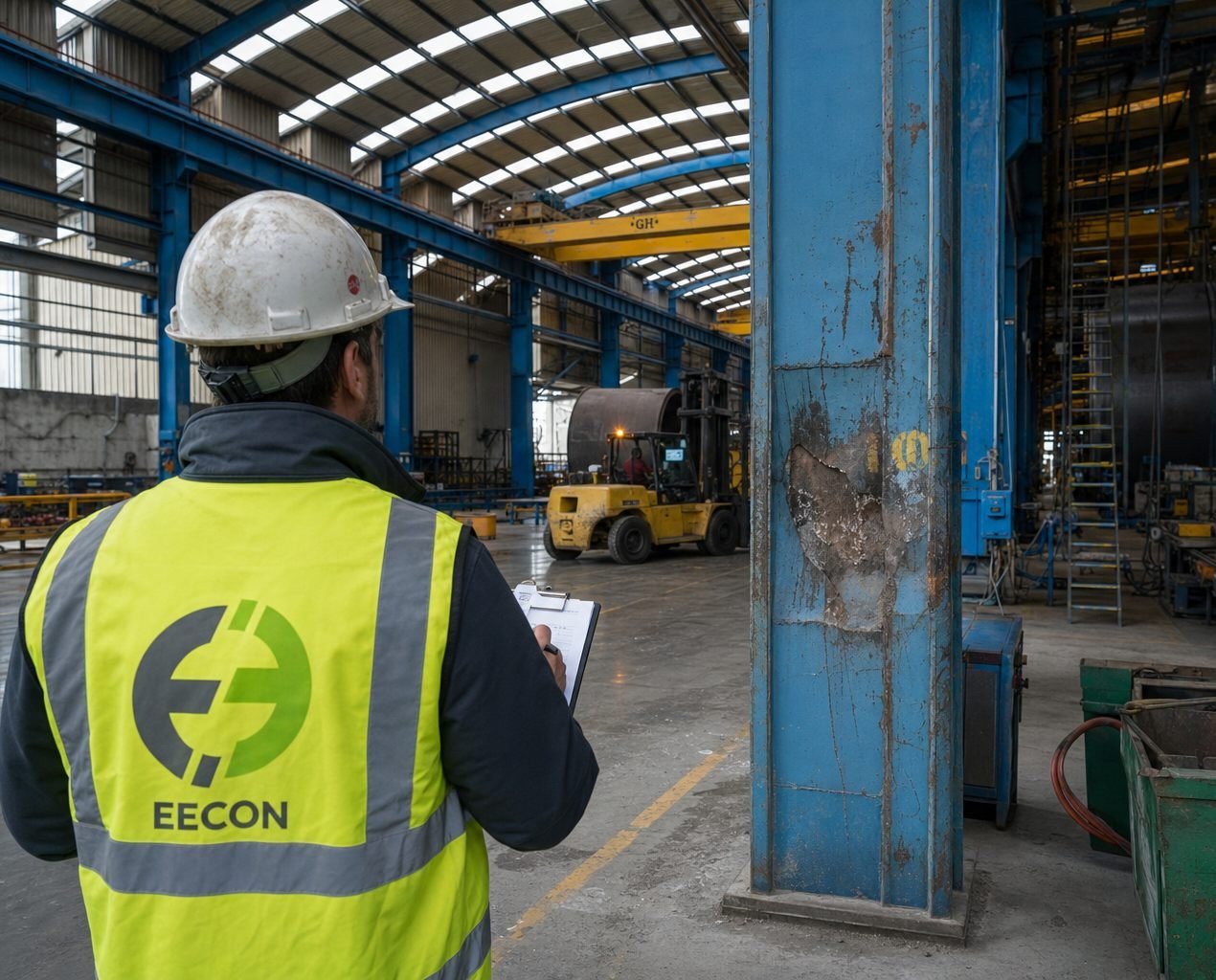Inspector de EECON con chaleco y casco revisando la estructura de una nave industrial durante un estudio PCA