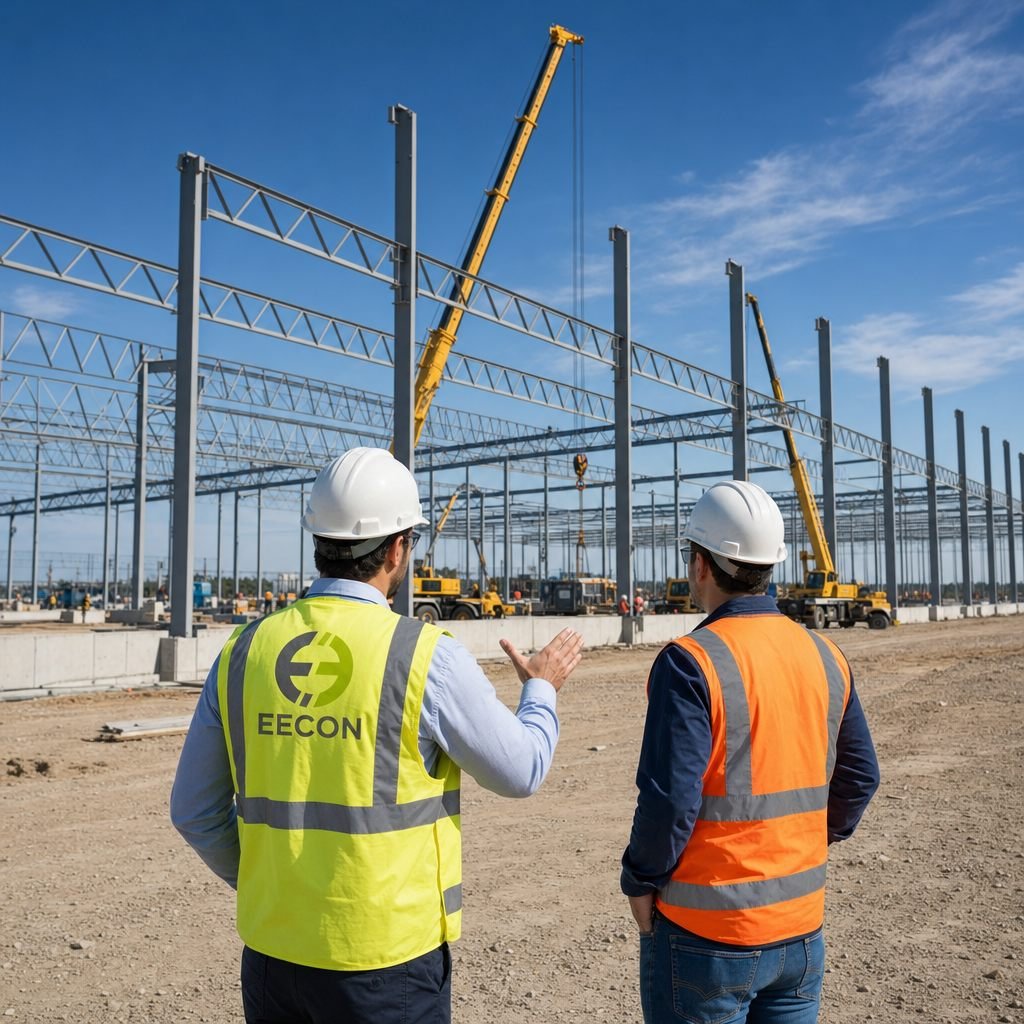 Dos ingenieros de EECON con chaleco y casco frente a la estructura metálica de una nave industrial en construcción